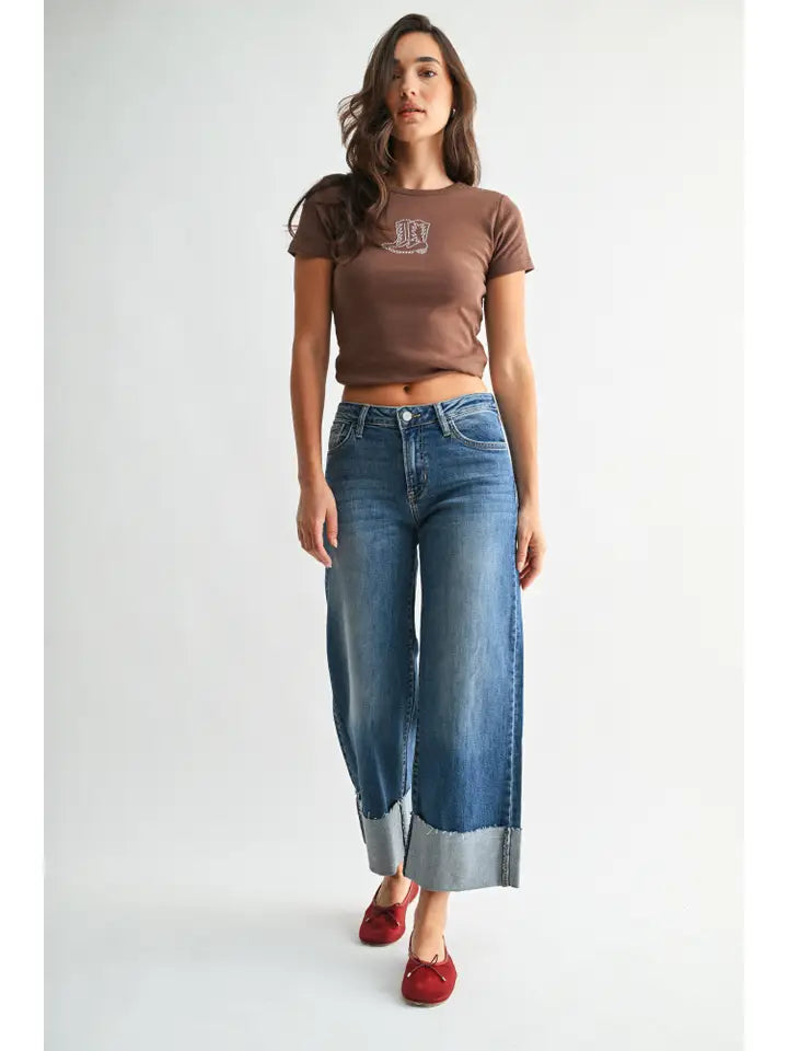 Medium Denim Scissor Cut Cuffed Wide Leg - Medium Denim-