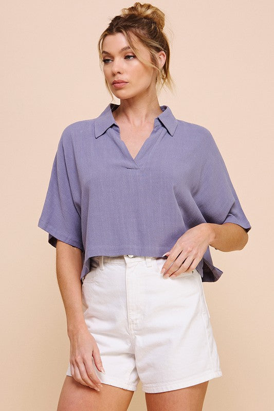 Wild Indigo Linen Blend Cropped Shirt