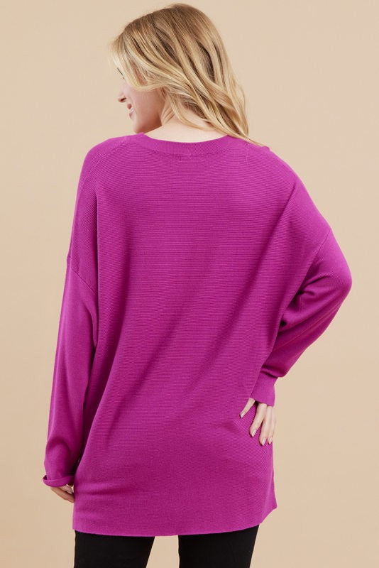 Magenta Ribbed Keyhole Pullover