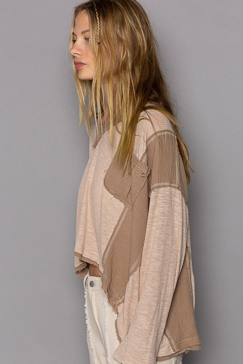 Mocha V-Neck Ribbed Long Sleeve Top