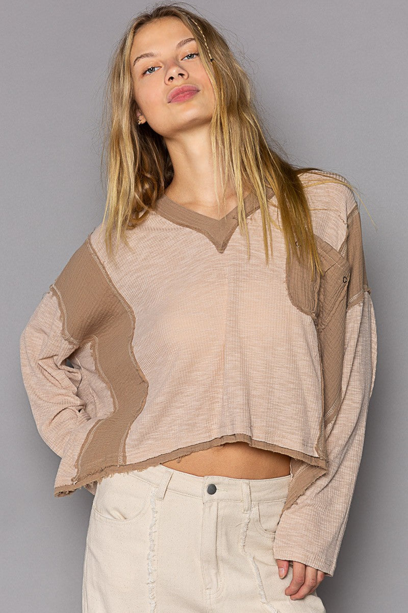 Mocha V-Neck Ribbed Long Sleeve Top
