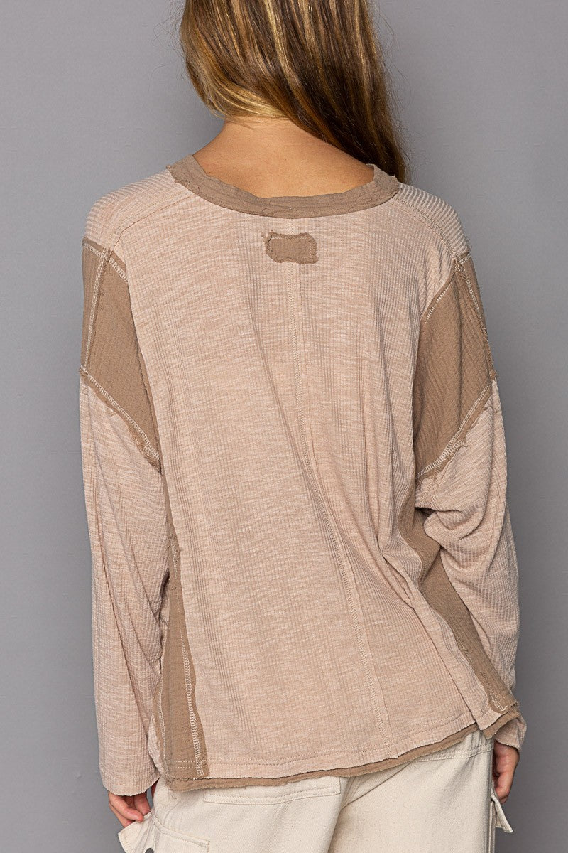 Mocha V-Neck Ribbed Long Sleeve Top
