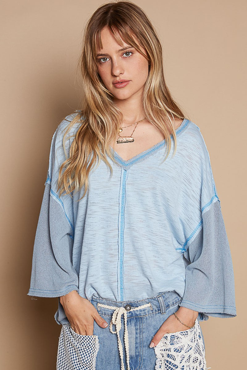 Powder Blue V-Neck Stitch Top