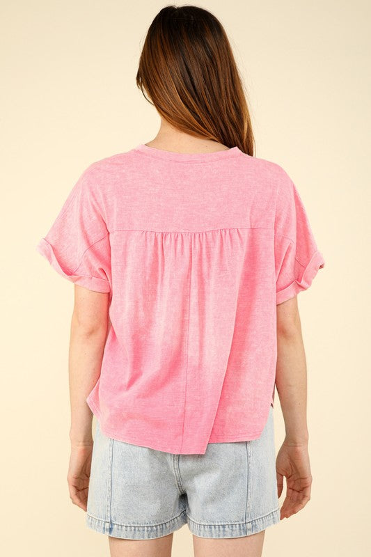 Pink Split Neck Washed Top