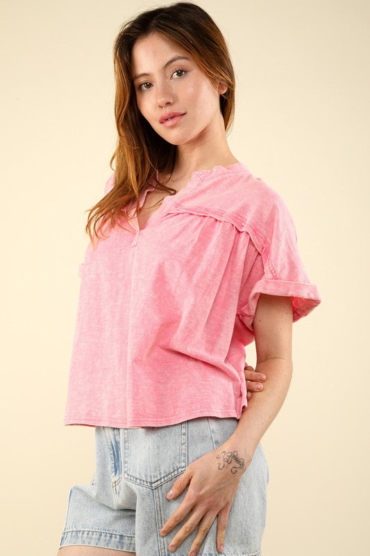 Pink Split Neck Washed Top