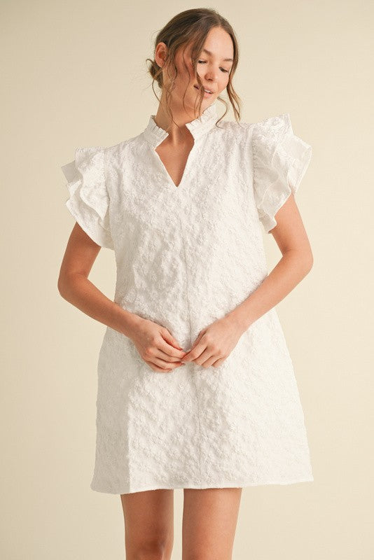 Off White Floral Embroidered Ruffly Dress