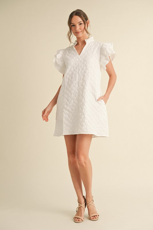 Off White Floral Embroidered Ruffly Dress