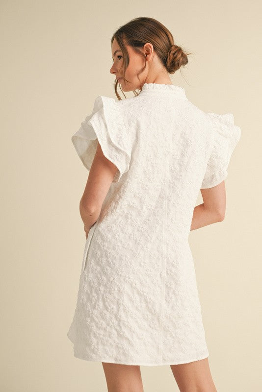 Off White Floral Embroidered Ruffly Dress