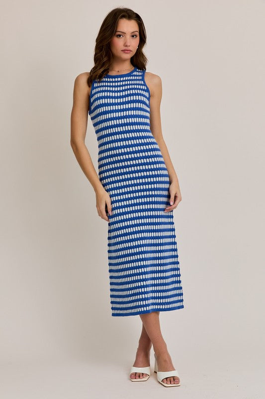 White/Blue Stripe Sweater Midi Dress