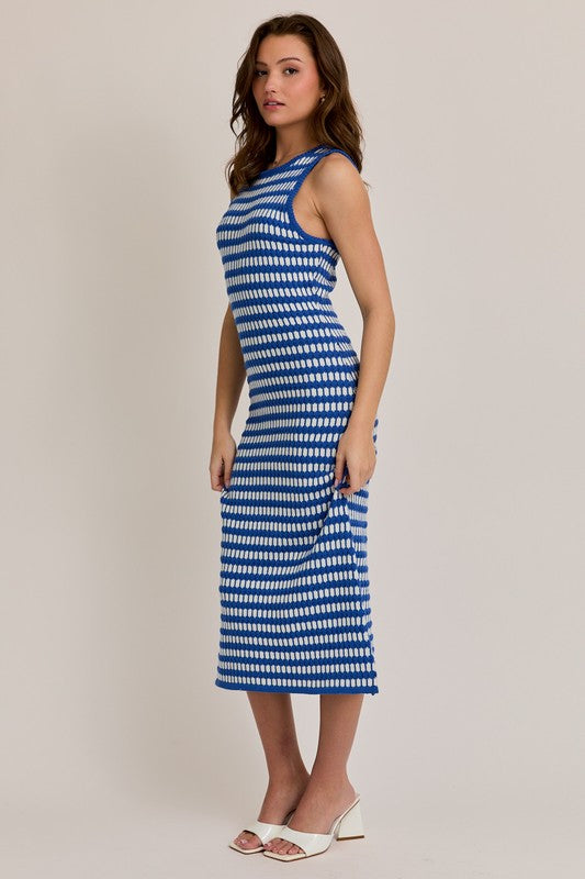 White/Blue Stripe Sweater Midi Dress