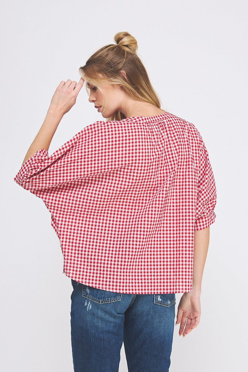 Red Gingham Dolman Sleeve Blouse