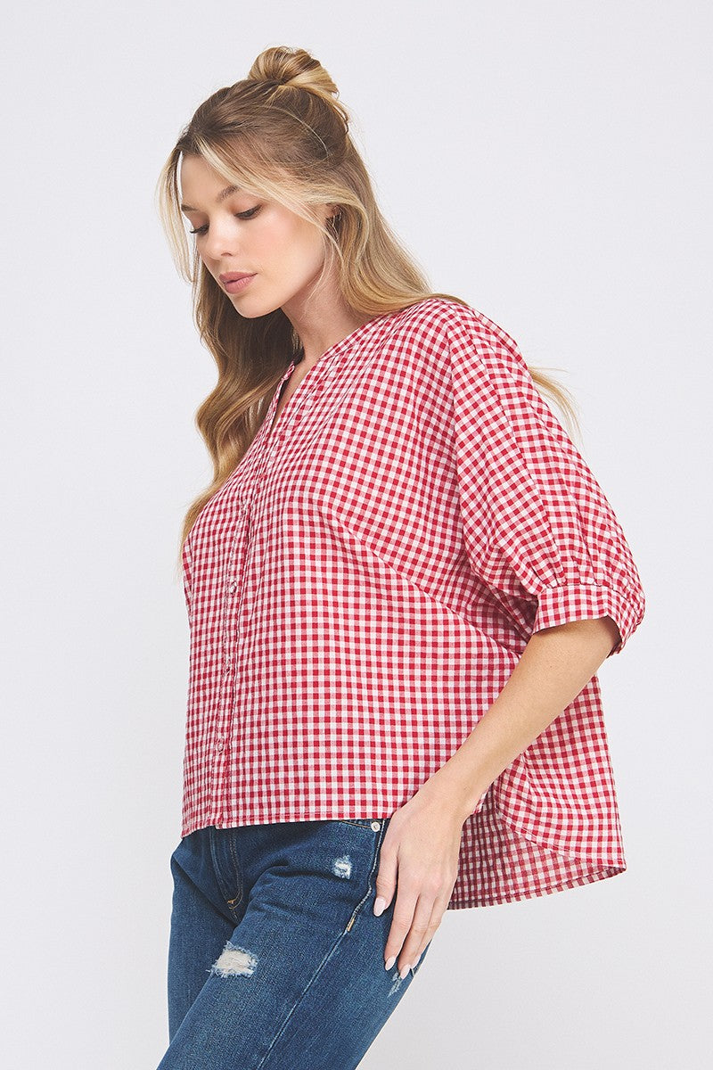 Red Gingham Dolman Sleeve Blouse
