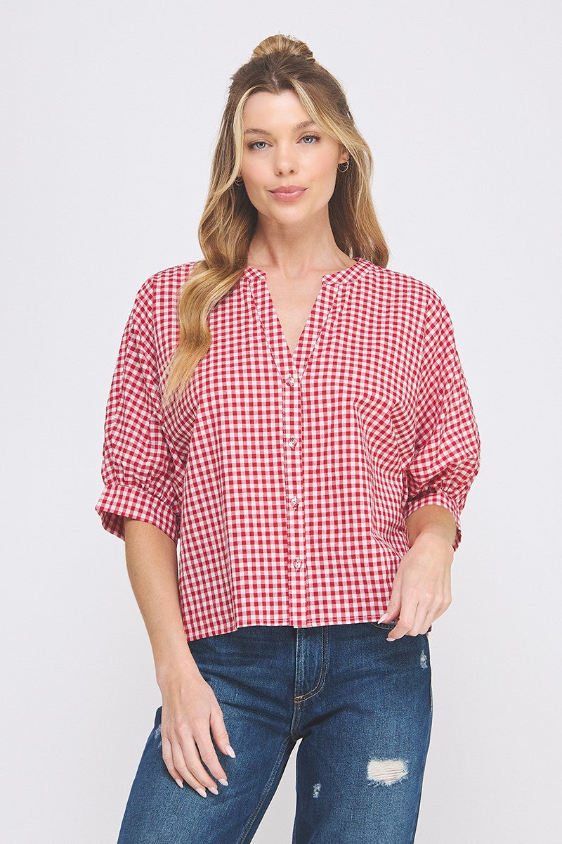 Red Gingham Dolman Sleeve Blouse