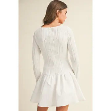 White Boat Neck Long Sleeve Flare Dress