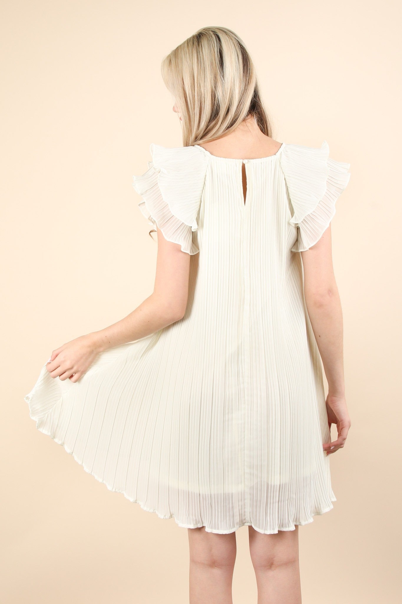 Champagne Ruffle Sleeve Pleated Dress