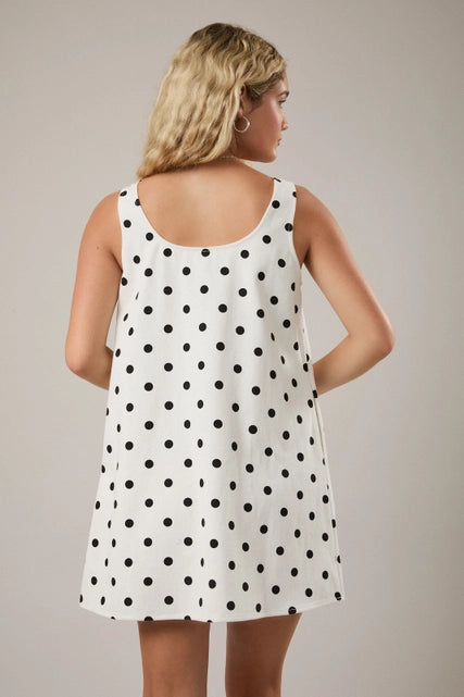 Sleeveless Scoop Neck Polka Dot Denim Mini Dress