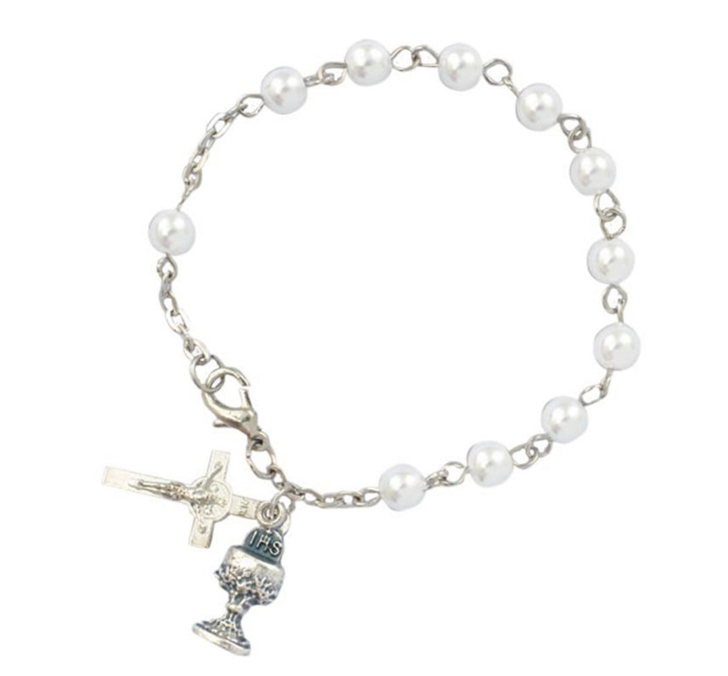 First Communion Imitation Pearl Rosary Bracelet