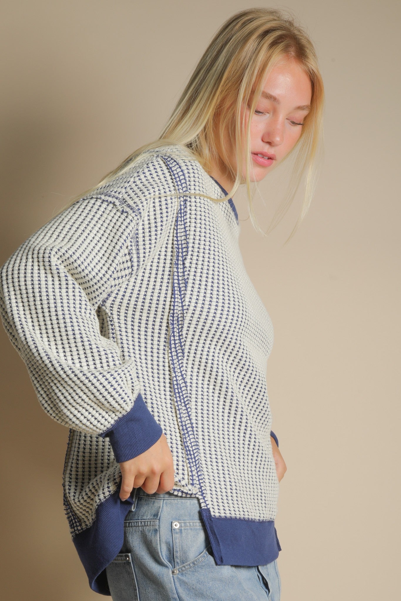 Navy Waffle Knit Top