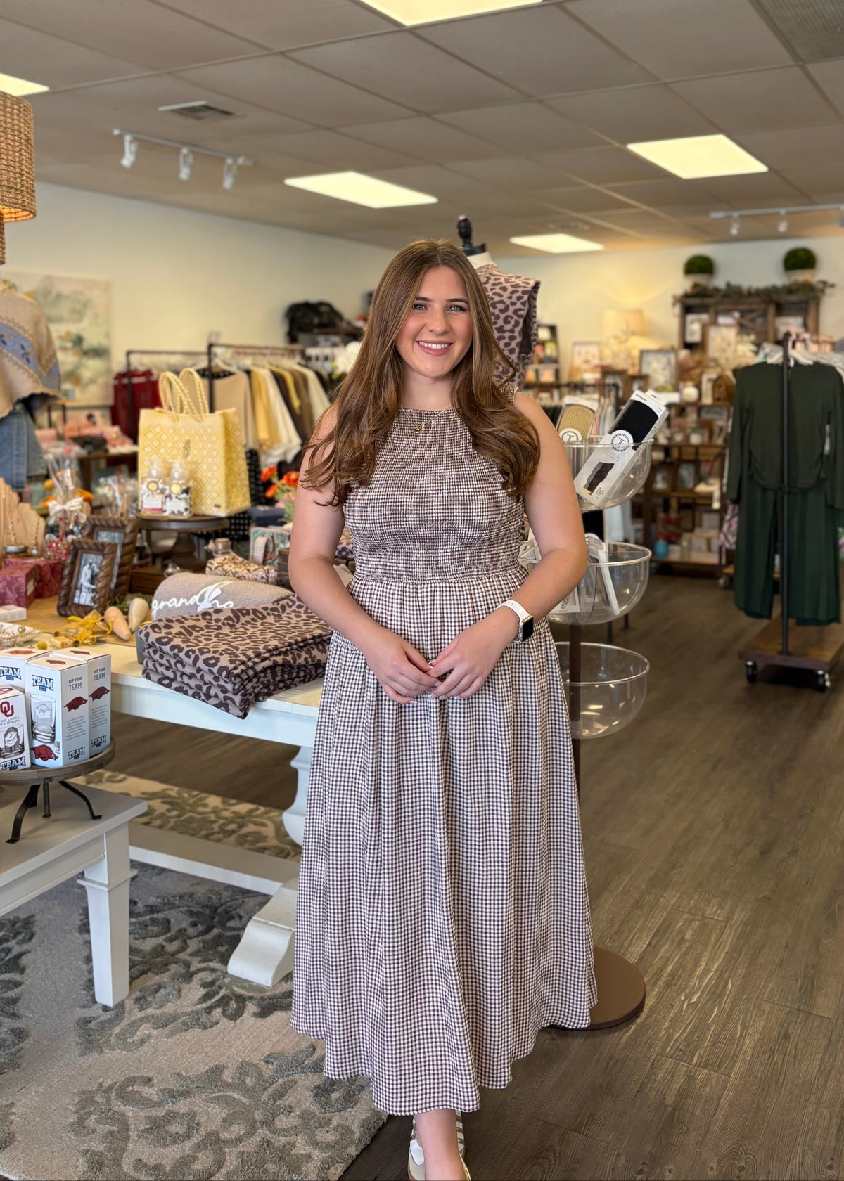 Brown Smocked Gingham Sleeveless Midi Dress