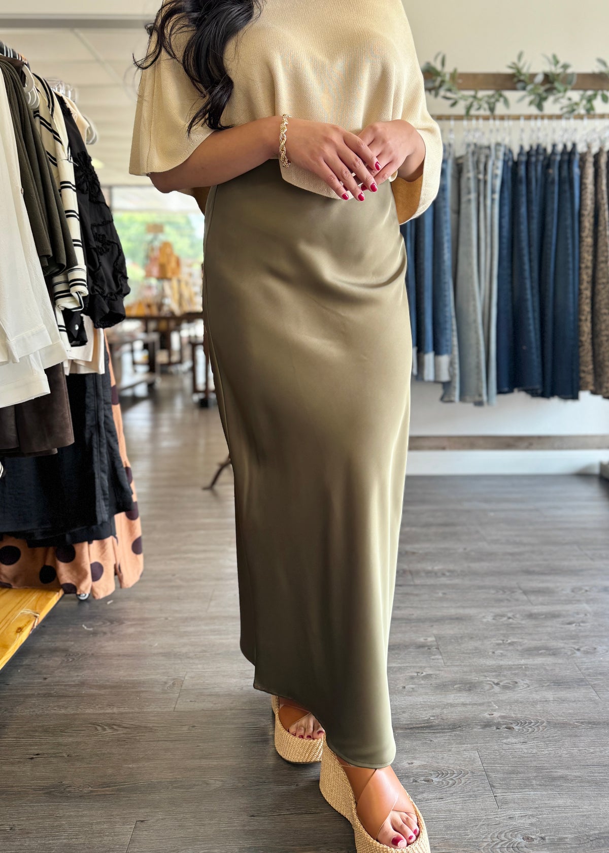 Olive Satin Midi Skirt