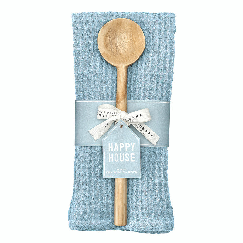 Waffle Weave Dish Towels + Spoon Set - Ocean Blue