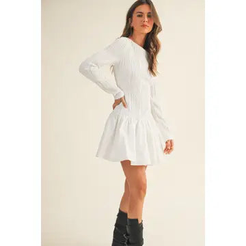 White Boat Neck Long Sleeve Flare Dress