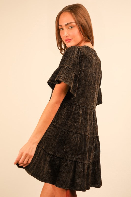 Black Mineral Washed Bell Sleeve Dress