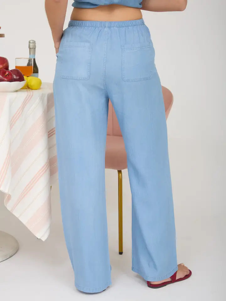 Chambray Drawstring Wide Leg Pants