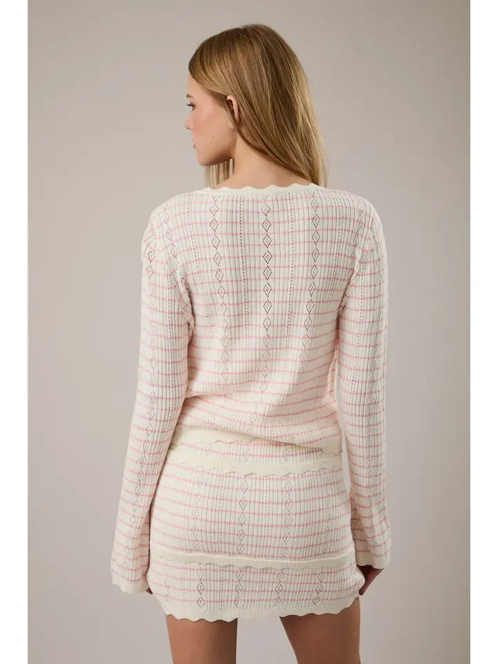 Pink Striped Scallop Cardigan