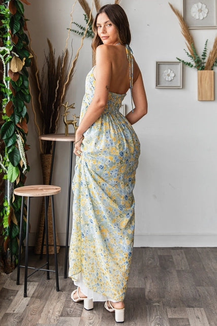 Blue Flower Ruching Maxi Dress