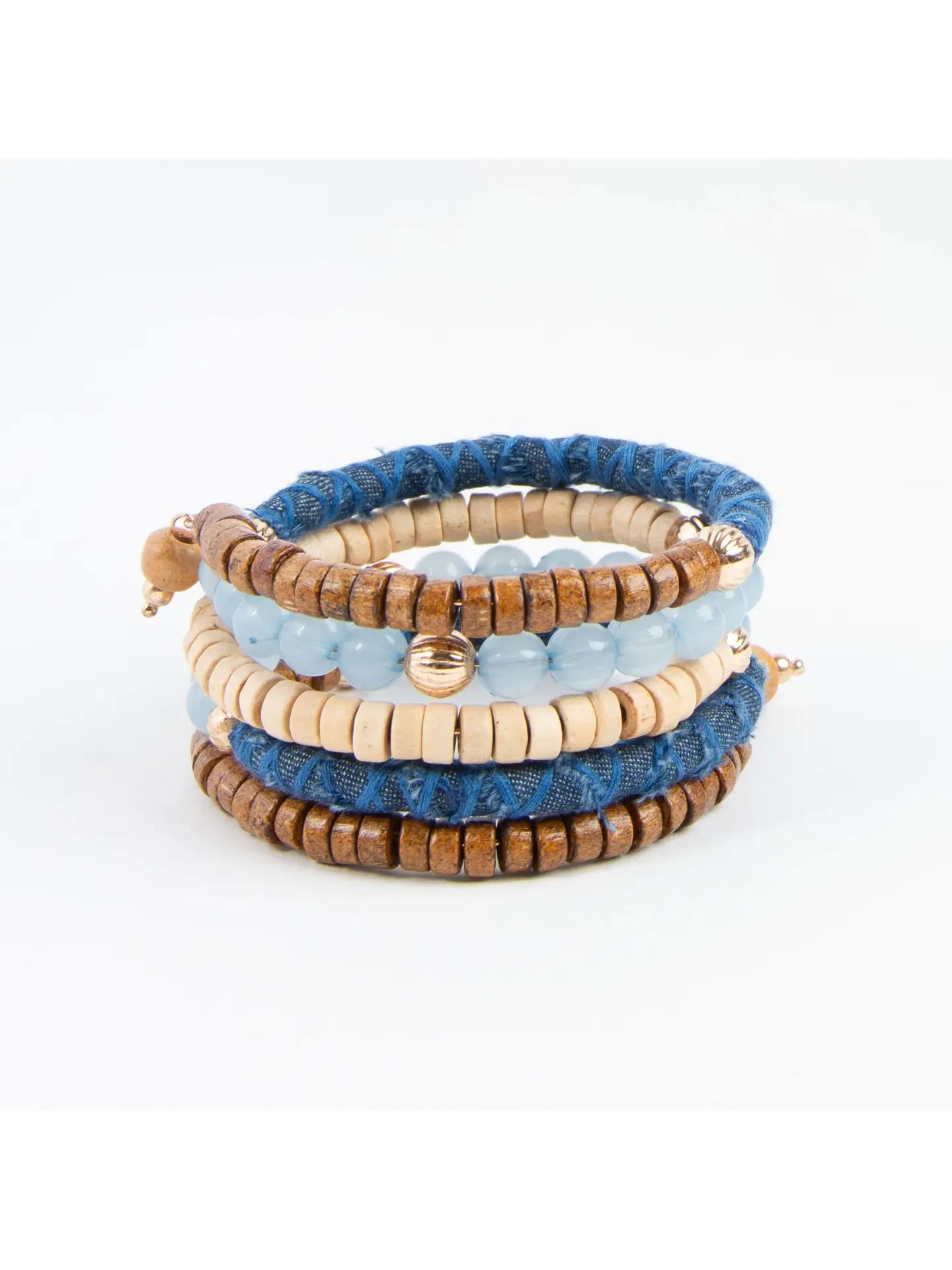 Kordyn Multi Row Wood & Denim Coil Bracelet