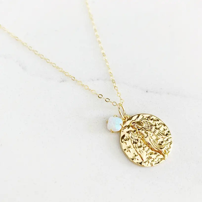 Guardian Angel Opal Charm Necklace Gold Filled