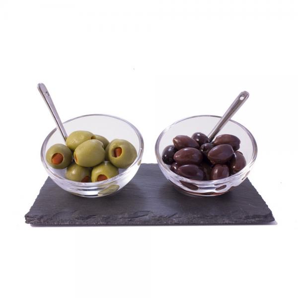 Slate tray with glass bowls