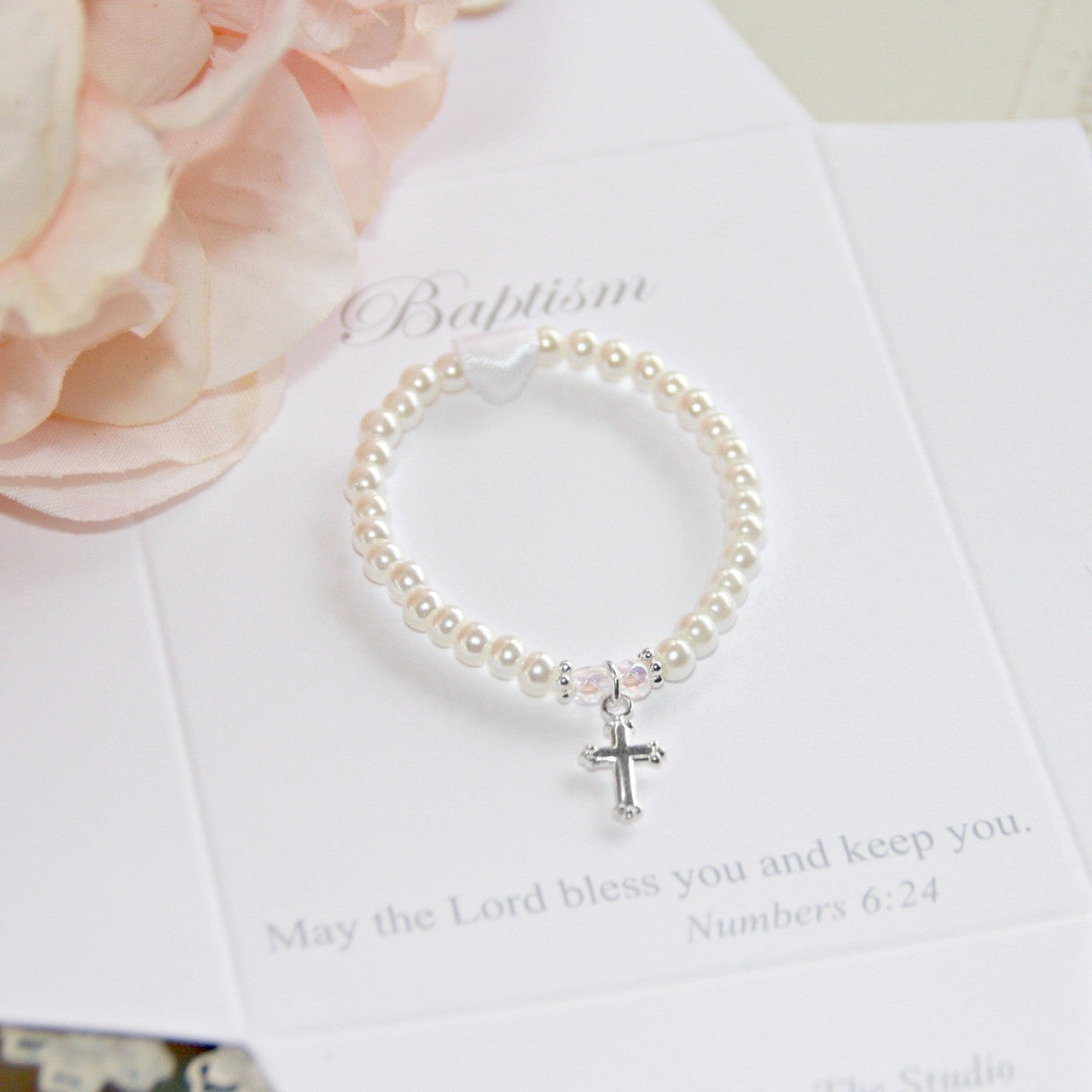 NEWBORN 4" GLASS PEARLS STERLING CROSS BAPTISM BRAC.
