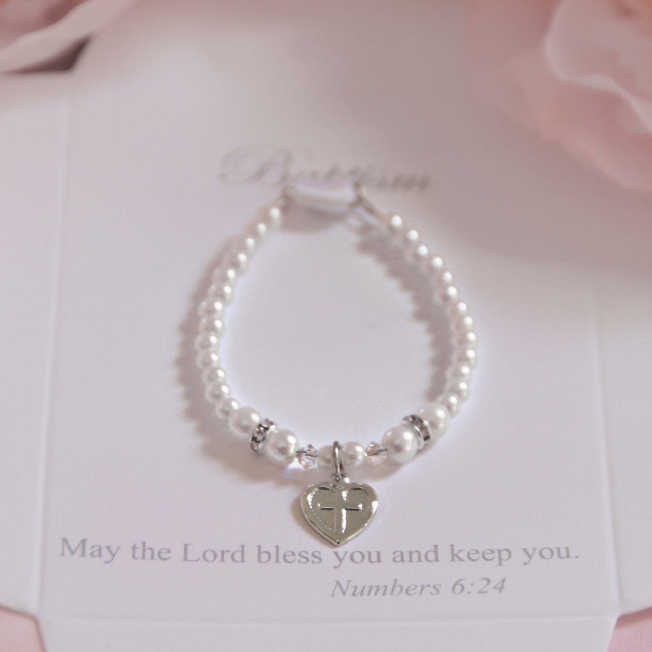 5" BAPTISM CROSS IN HEART PEARL BRACELET