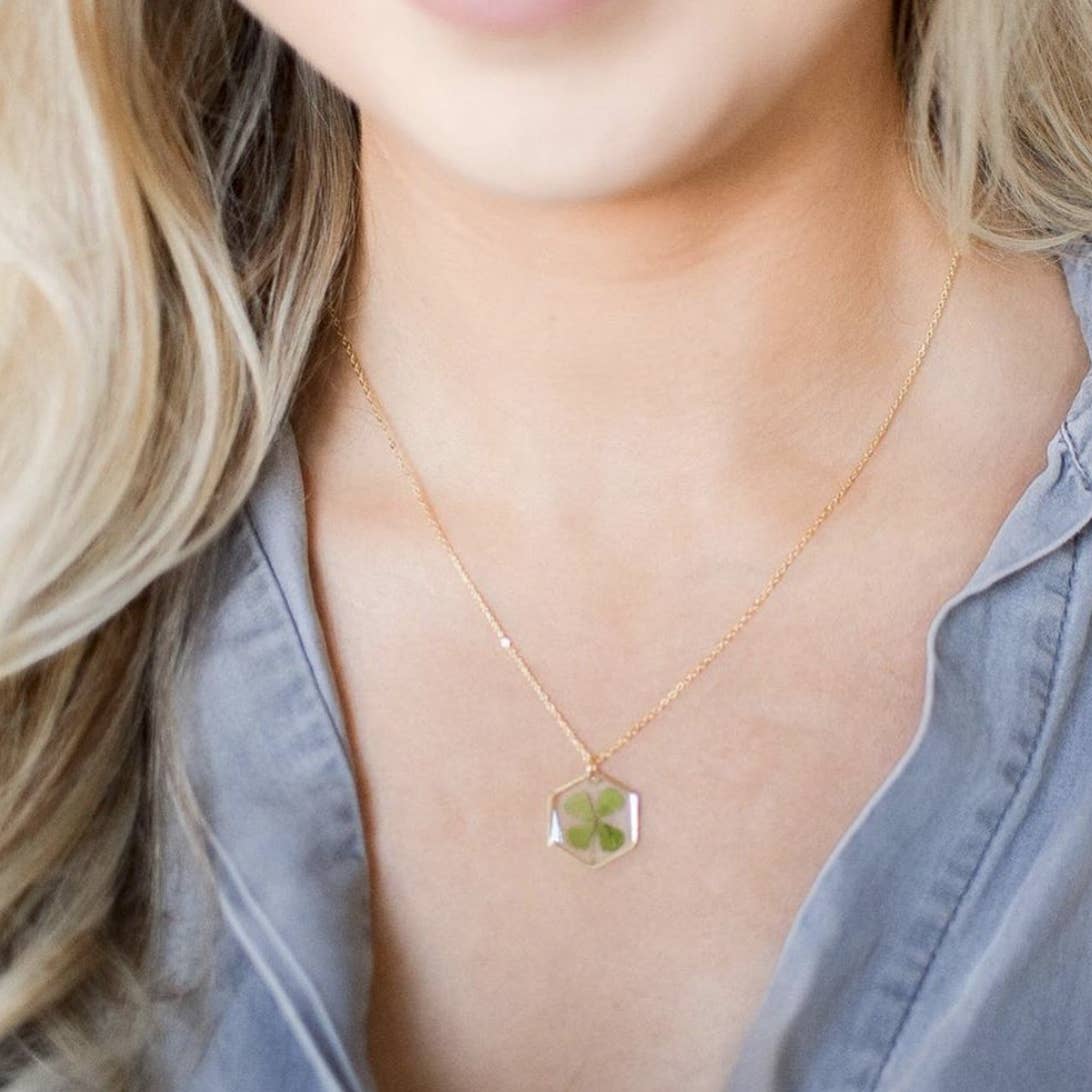 Four Leaf Clover Gold Pressed Flower Necklace