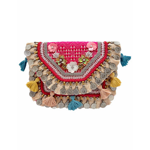 PINK JUTE WITH COINS CLUTCH