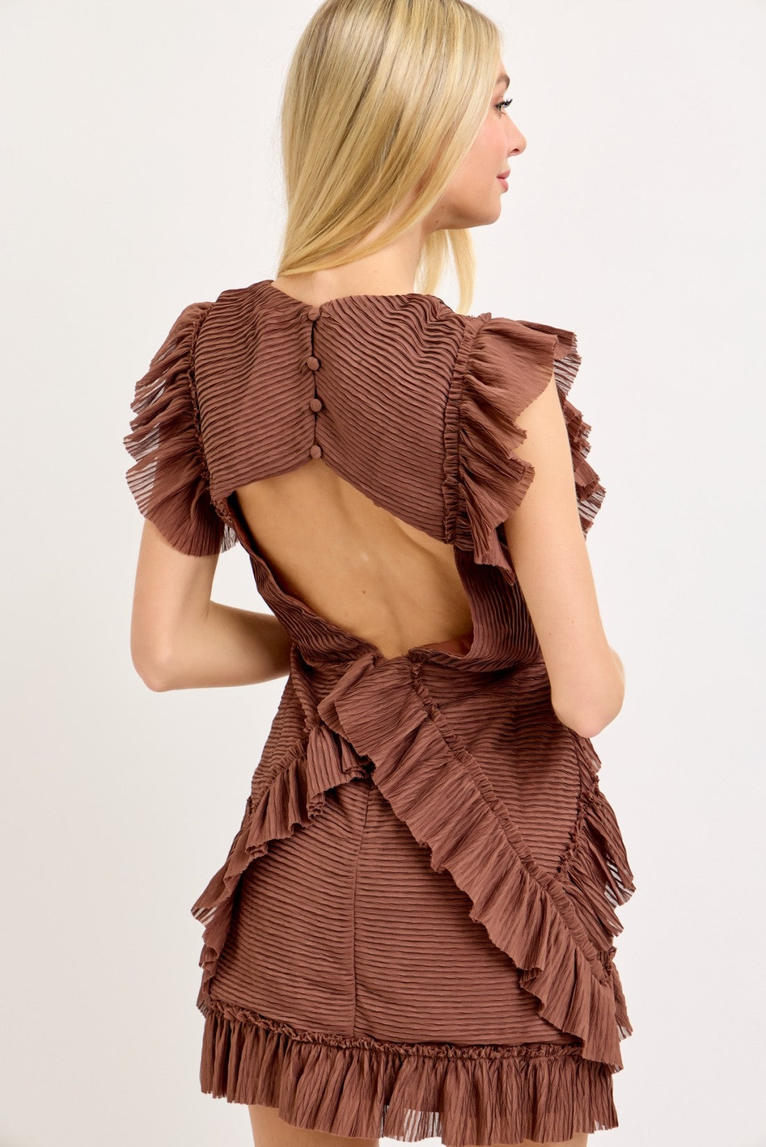 Brown Ruffle & Cutout Mini Dress