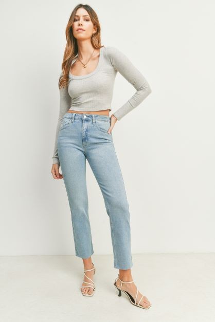 Light Denim Cut-Off Cropped Straight Leg