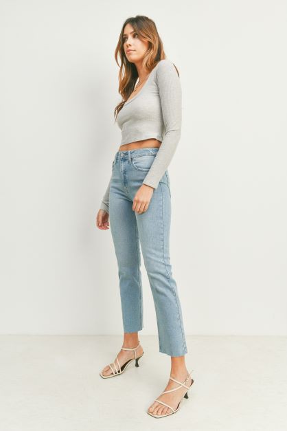 Light Denim Cut-Off Cropped Straight Leg