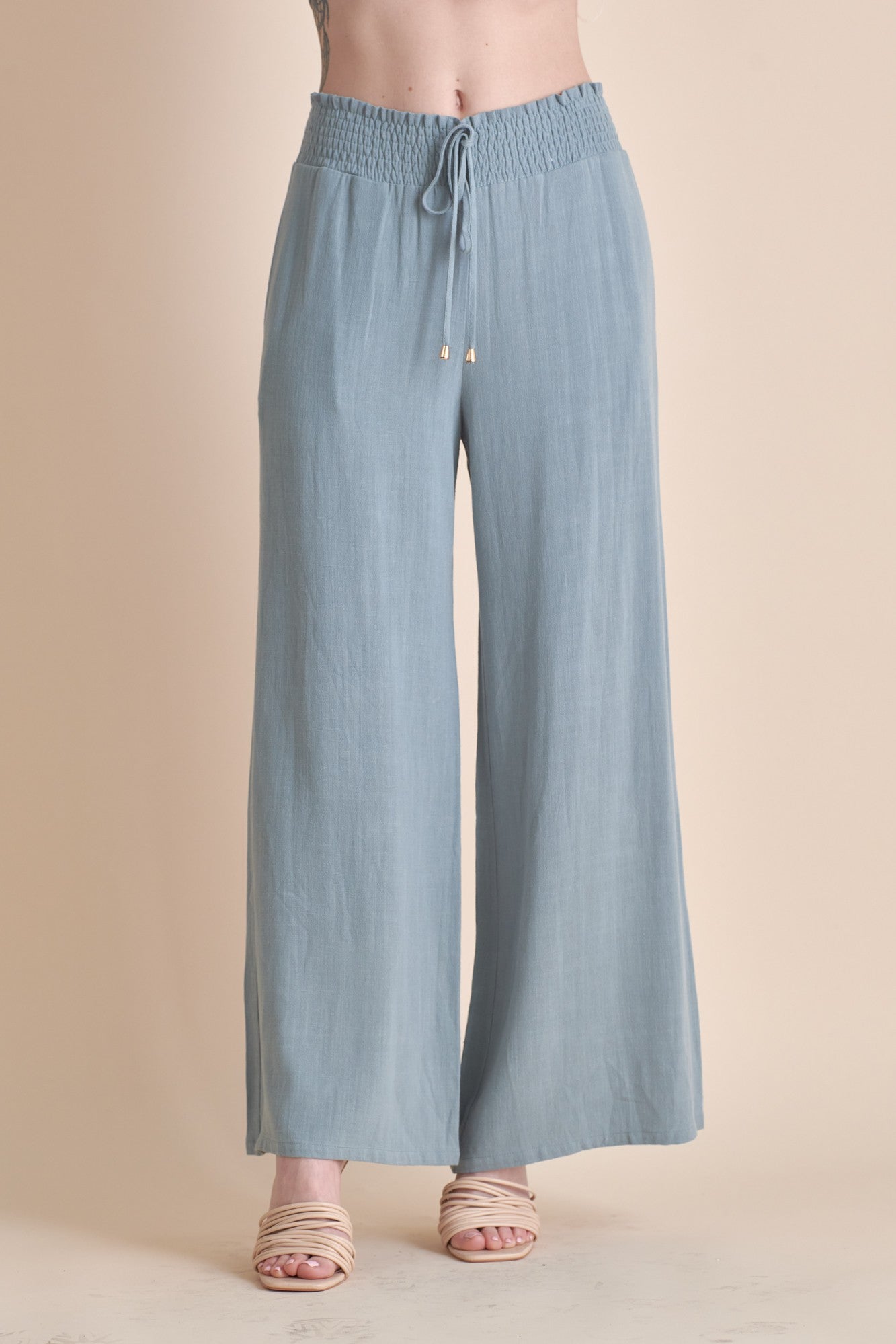 Deep Sage Linen Smocked Waist Pants