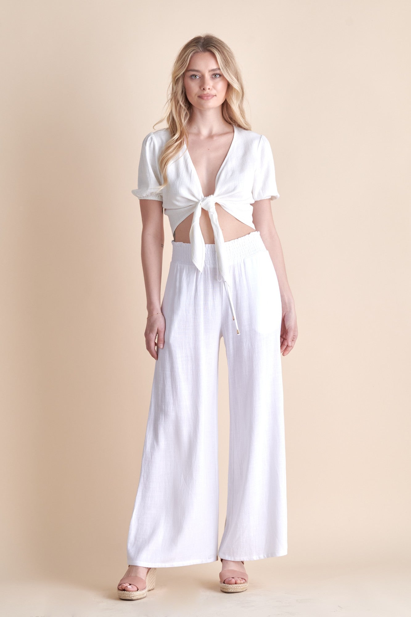 Off White Linen Smocked Waist Pants