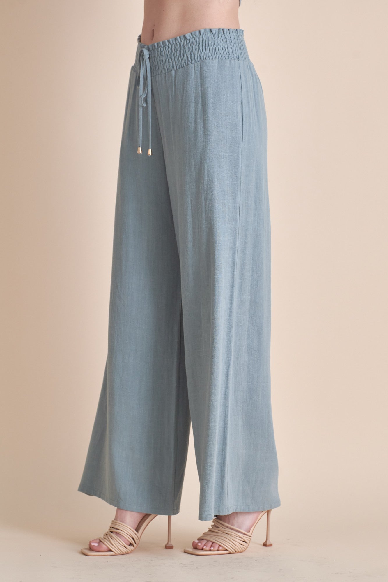 Deep Sage Linen Smocked Waist Pants