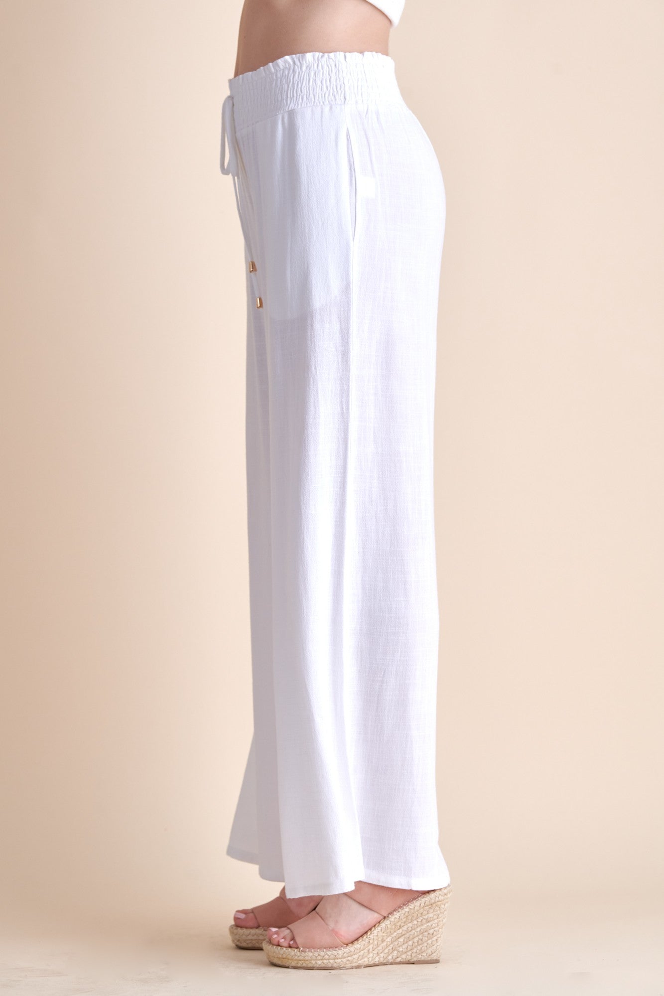 Off White Linen Smocked Waist Pants