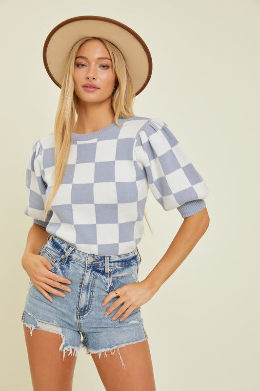 Blue Grey Checkered Knit Top