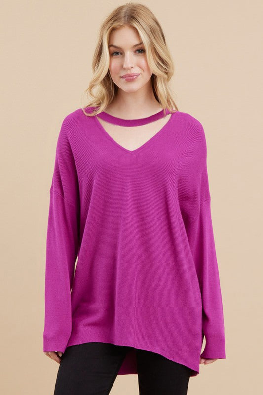Magenta Ribbed Keyhole Pullover