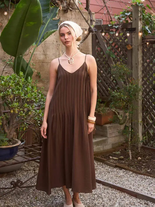 Brown Pleated Pintuck Spaghetti Strap Maxi Dress