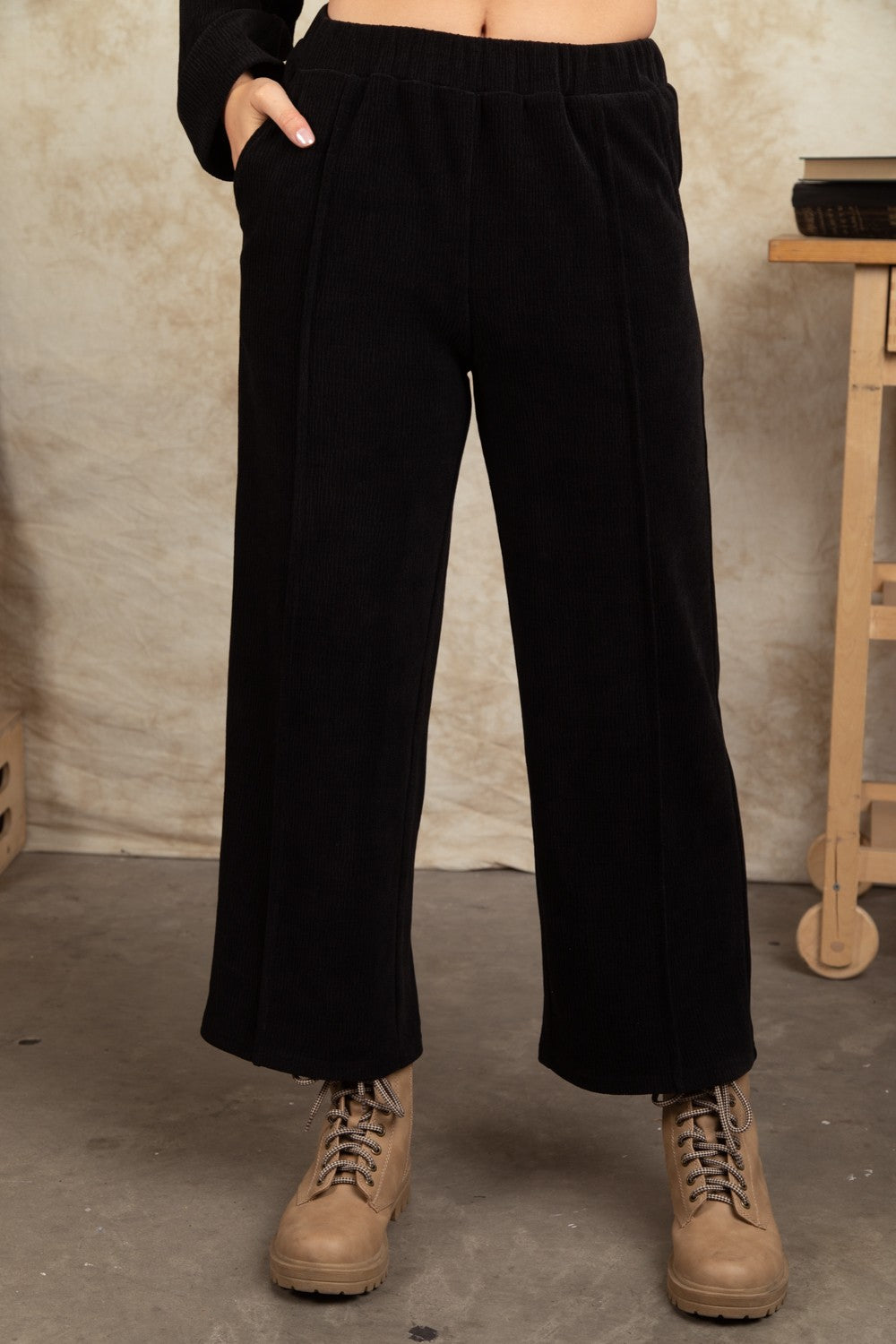 Black Corduroy Straight Wide Leg Pants