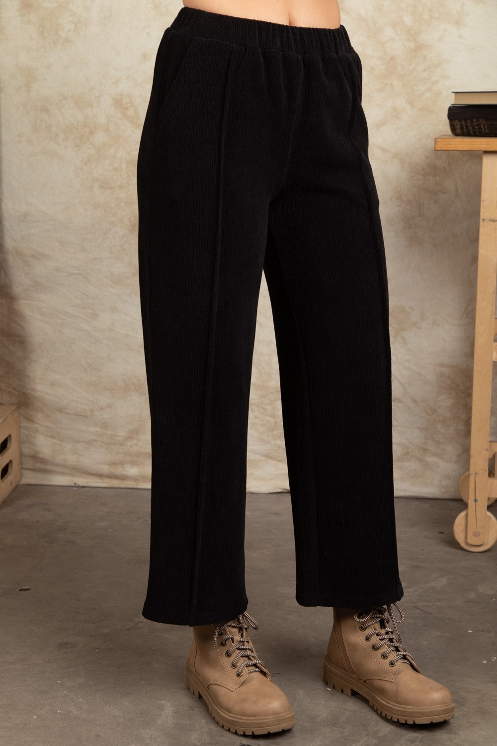 Black Corduroy Straight Wide Leg Pants