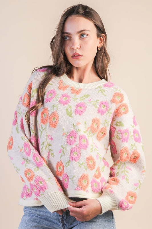 Cream Floral Textured Knit Sweater
